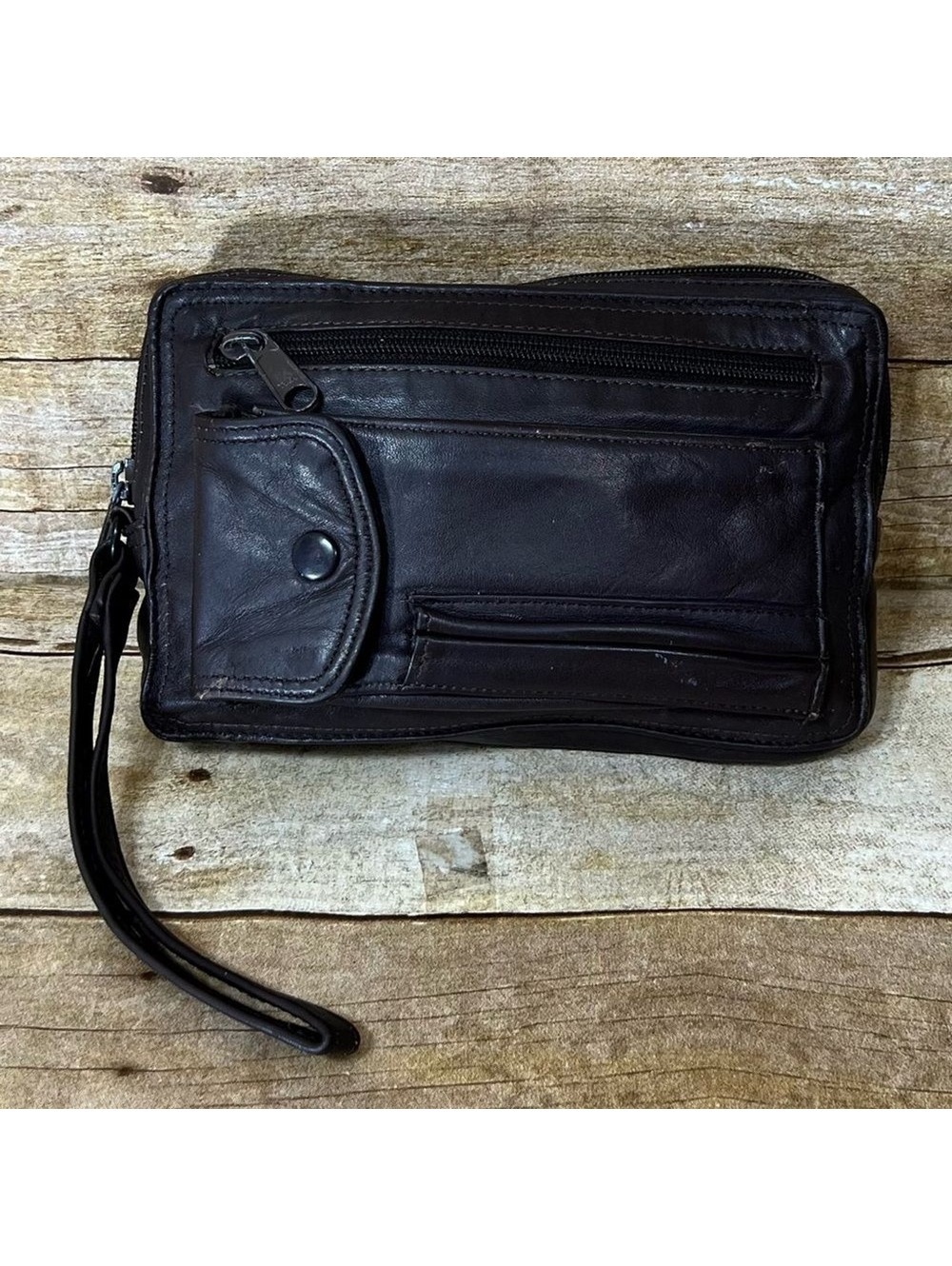 Vintage 90's Brown Leather Wristlet Clutch with Multi-Pocket Design